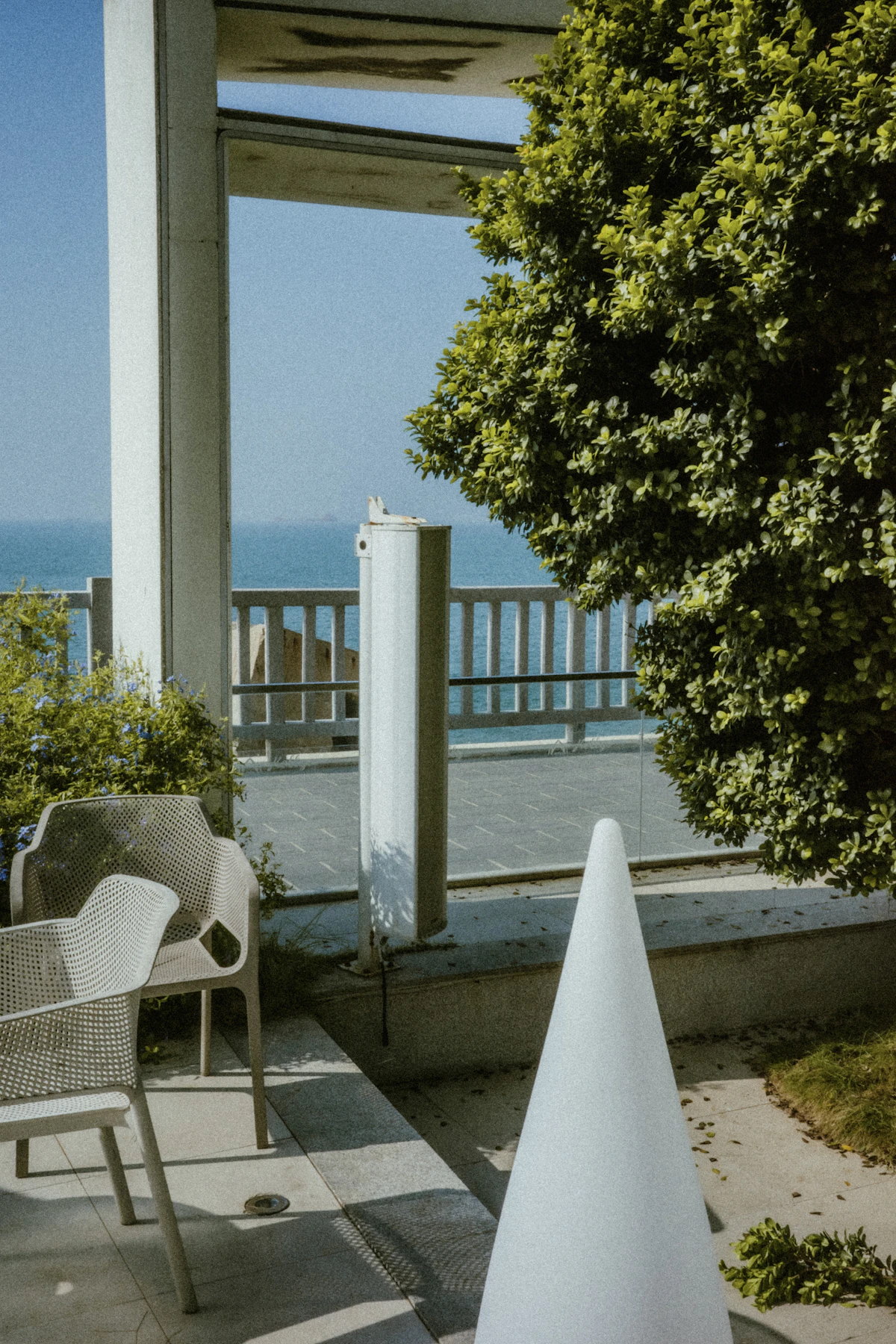 Quiet terrace framed by greenery overlooking the ocean
